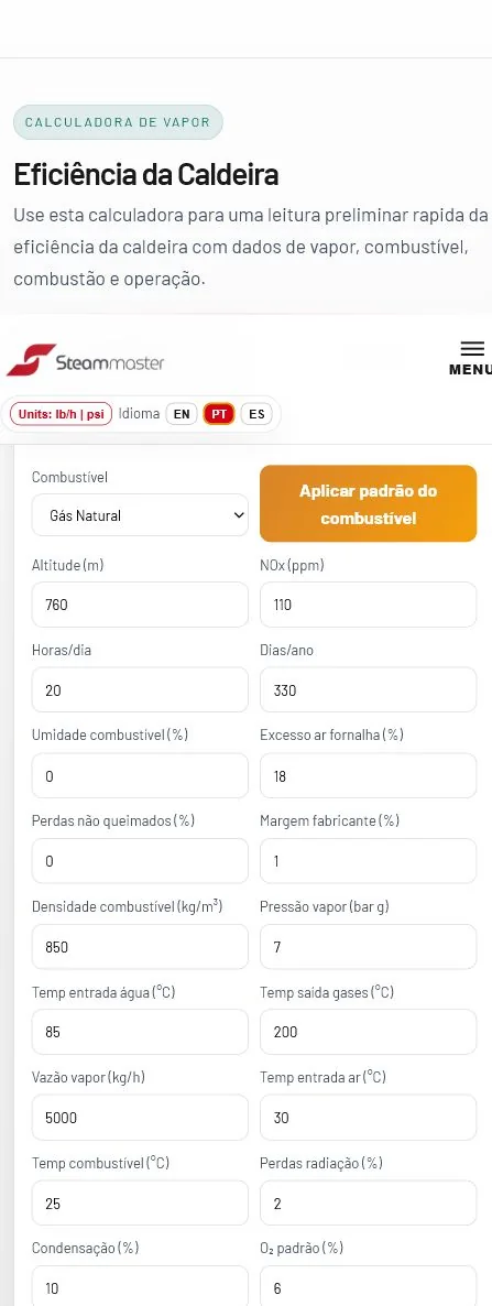 Calculadora de eficiência de caldeira Steammaster